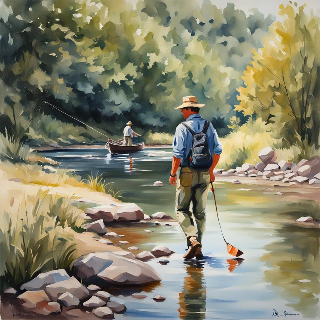 Handsome Fisherman Strolling by River in a Vibrant Impressio...