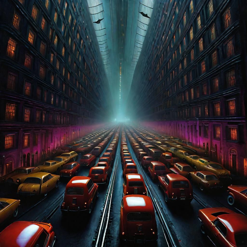 Dystopian Gridlock in Vibrant, Sinister Colors
