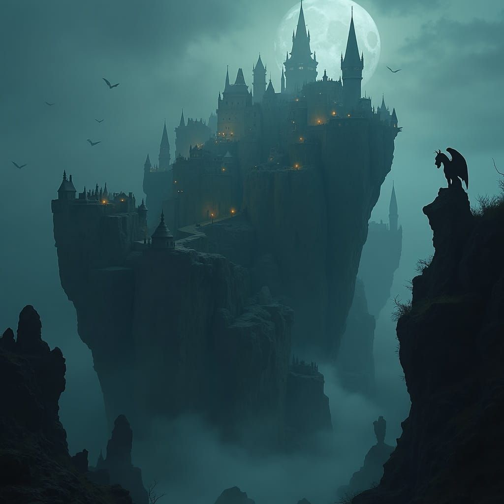 Gothic Cityscape on Floating Rocks in Perpetual Twilight