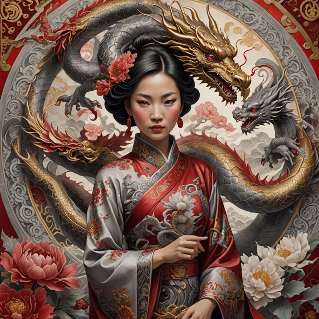 Ethereal Goddess Enveloped by Whirlwind Dragons in Vibrant R...