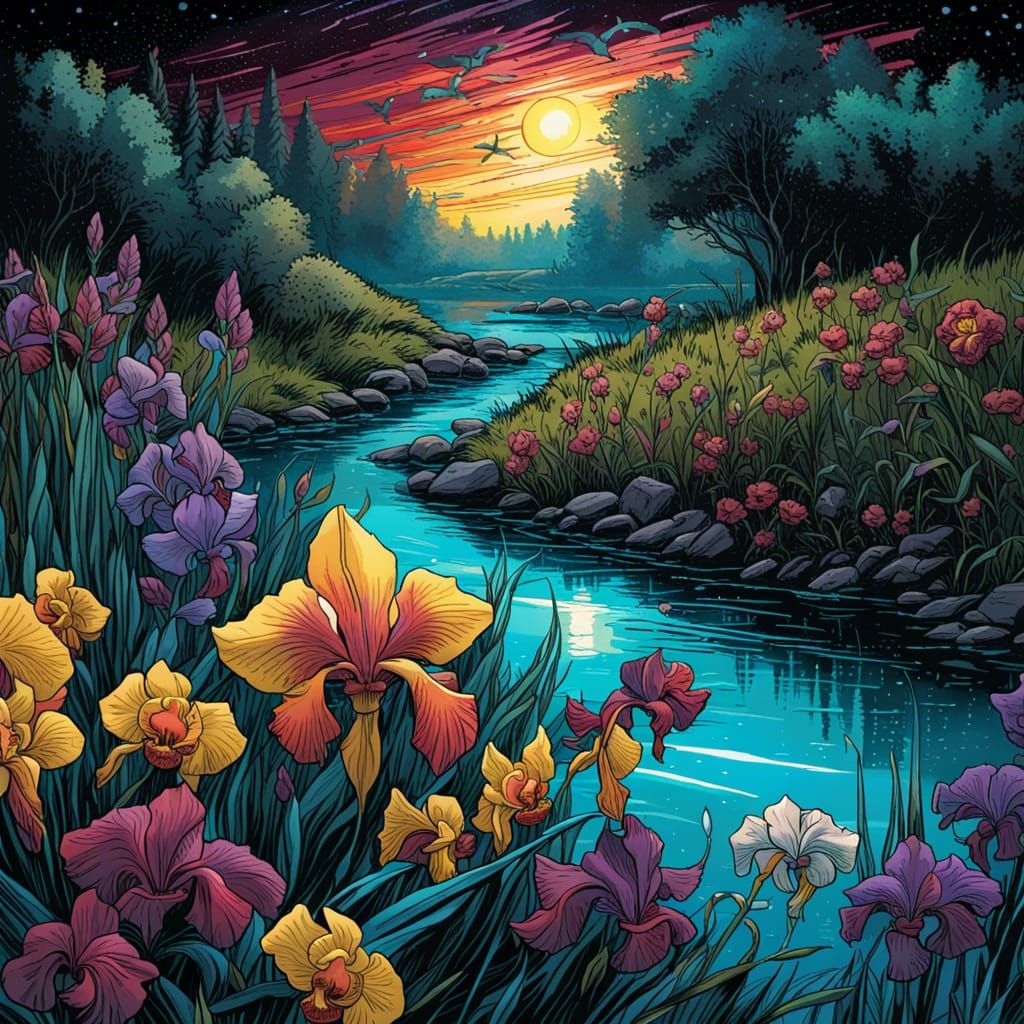 Enchanted Flower Meadow Under Starry Night