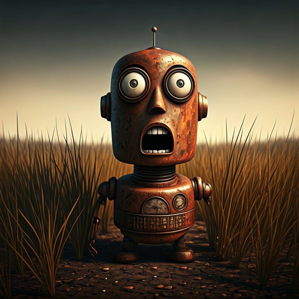 Abandoned Robot Stands in Dystopian Wasteland