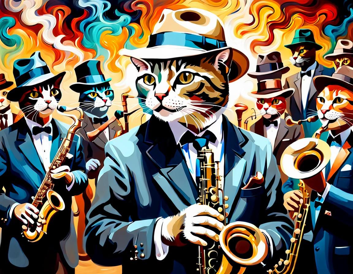 Cat Blows Sax in Smoky Jazz Club, Oil Painting