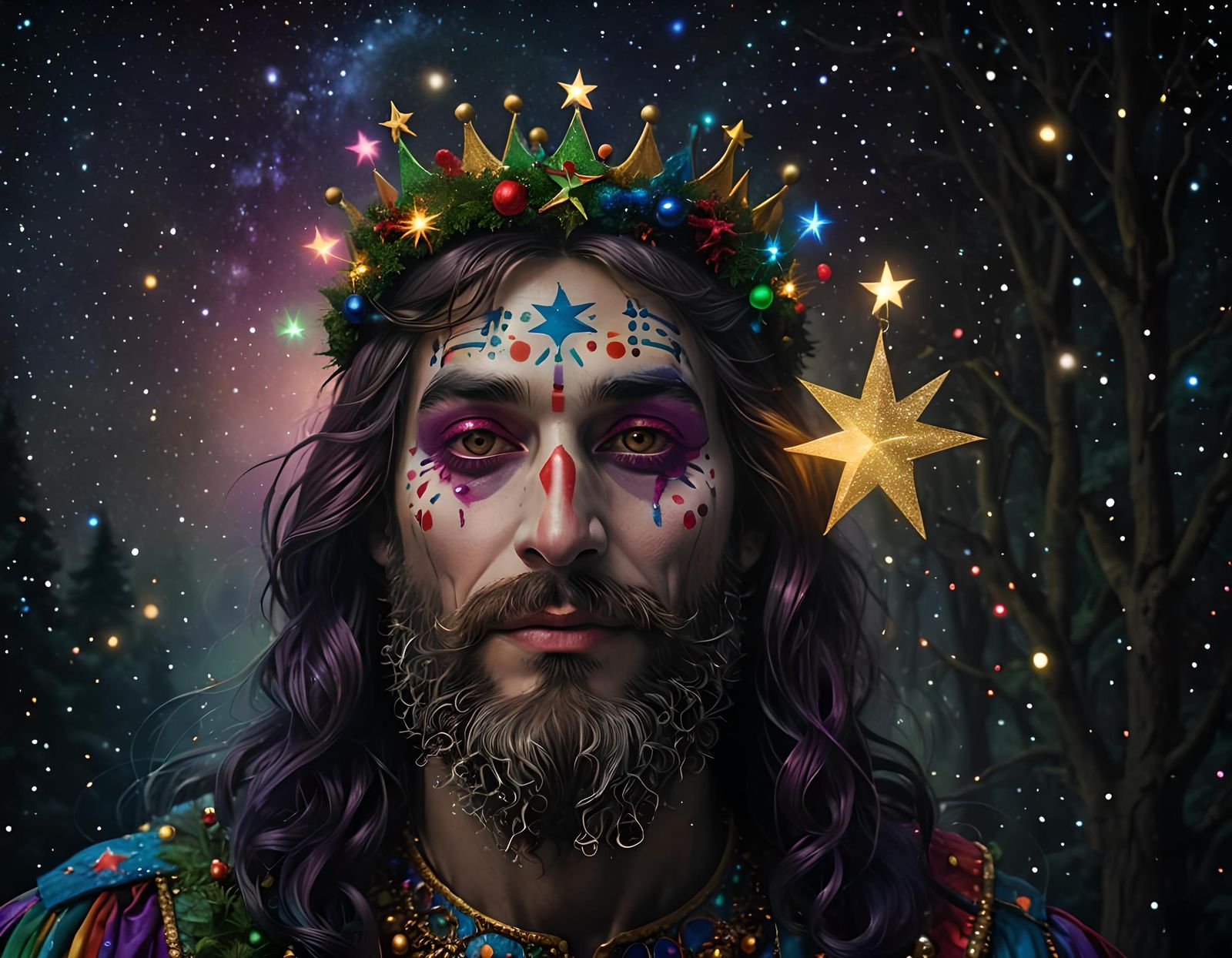 Cyberpunk Jesus Clown Reigns in Christmas Forest Cosmos