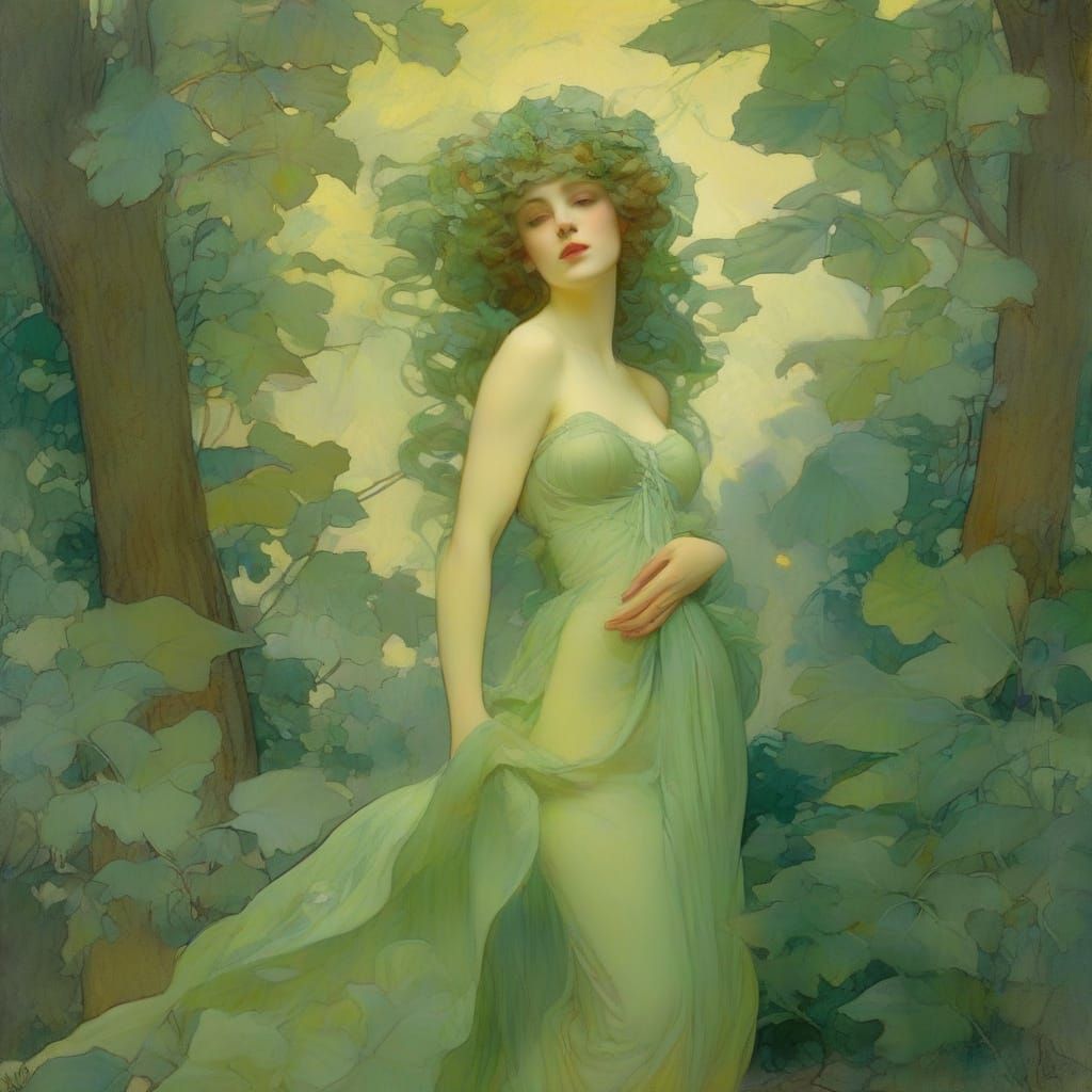 Art Nouveau Woman in Lush Green Forest
