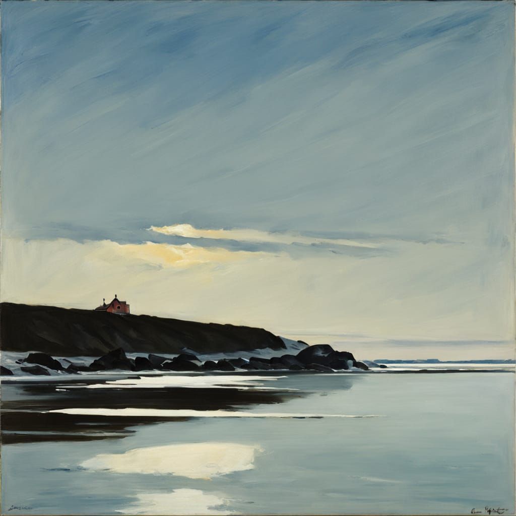 Wintry Seascape in Moody Edward Hopper Style