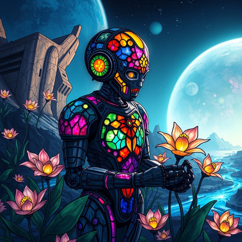 Stained Glass Robot in Bioluminescent Alien Garden