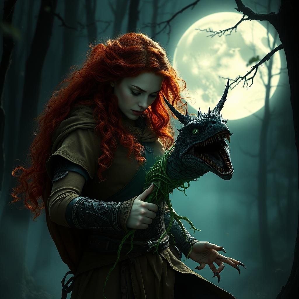 Mystical Druid Battles Cockatrice Under Moonlit Forest