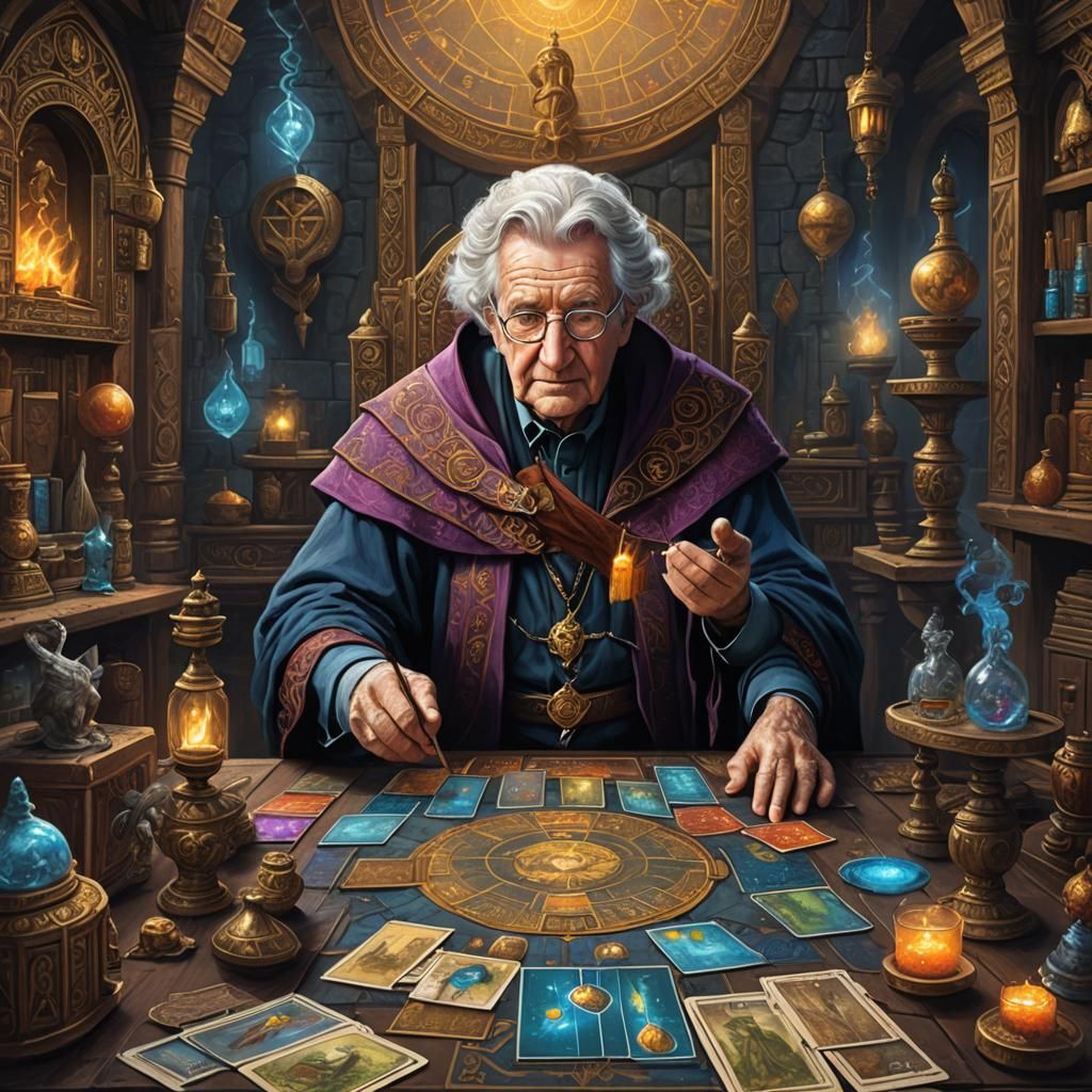 Noam Chomsky as Enchanted Tarot Mage in Vast Fantasy Realm