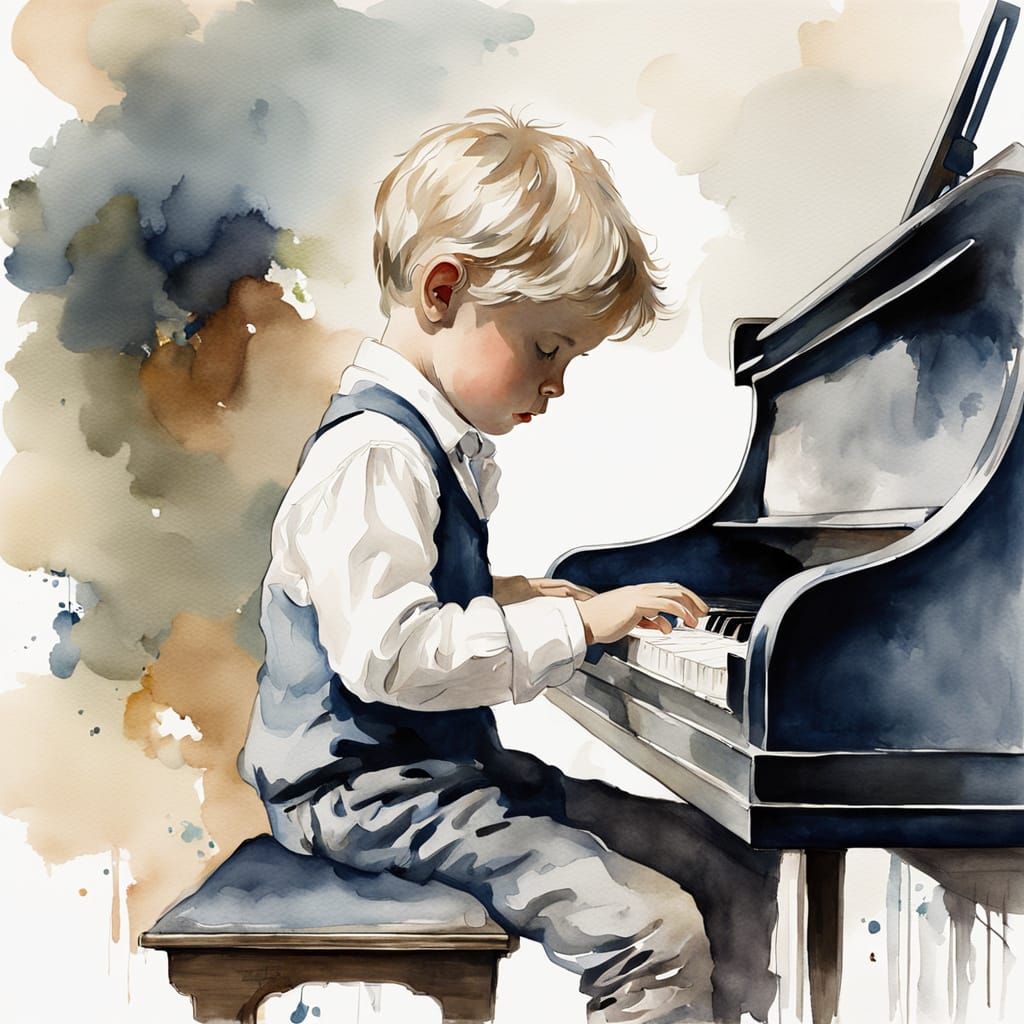Blond Boy Plays Piano in Expressive Watercolor Style