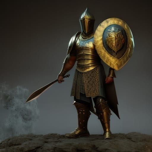 Epic Medieval Fantasy Warrior with Golden Shield
