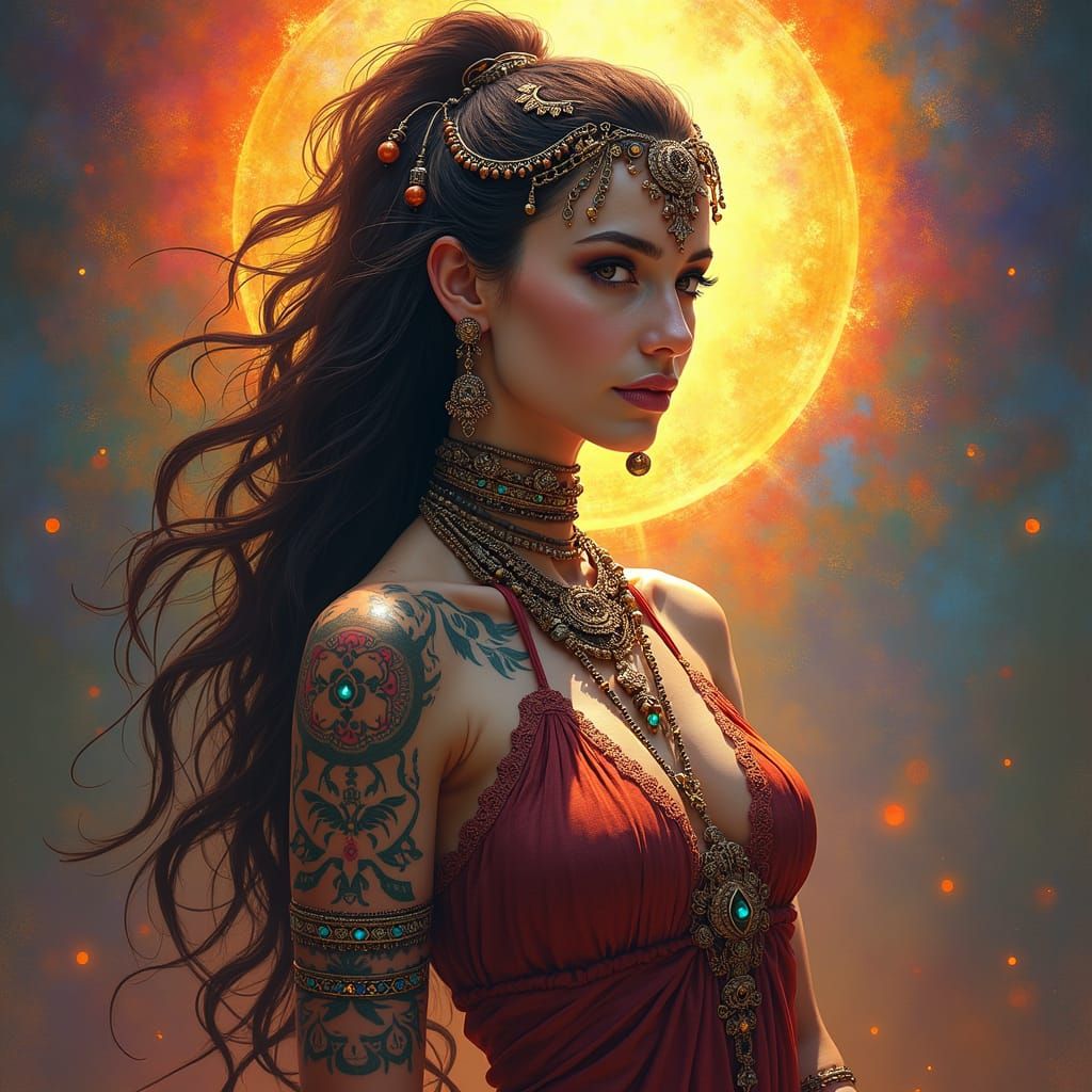 Ethereal Tribal Goddess in Kaleidoscopic Realm