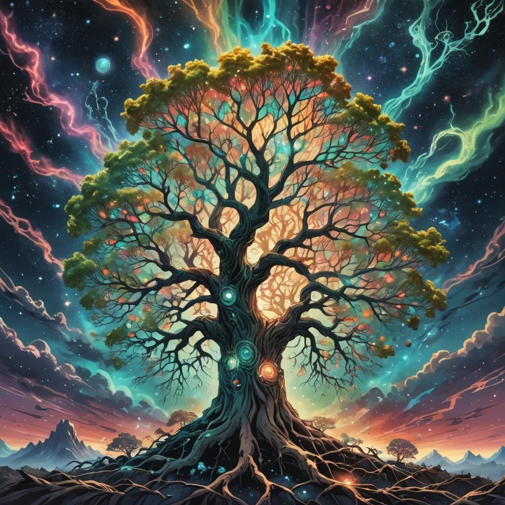 Vibrant Cosmic Tree Connects Realms of Existence in Ethereal...