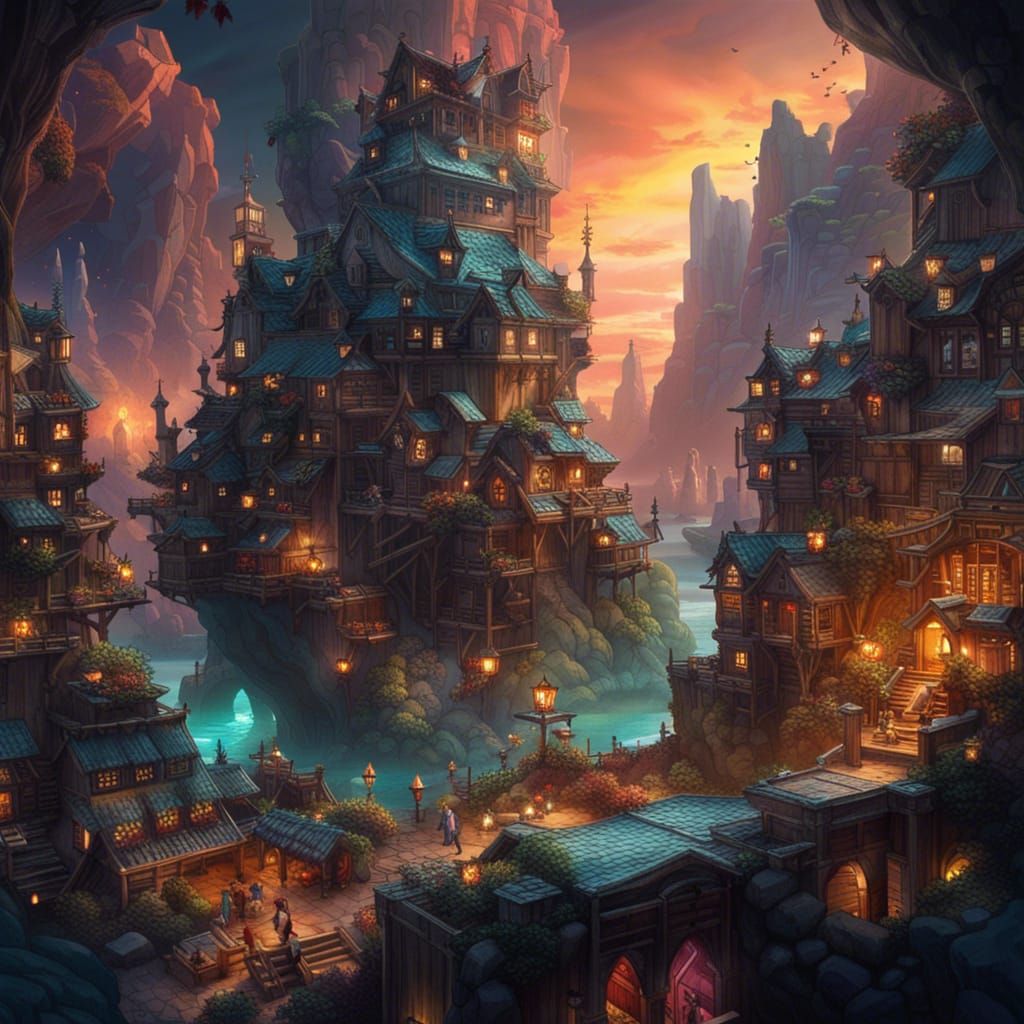 Epic Fantasy Village Under Starry Night Sky