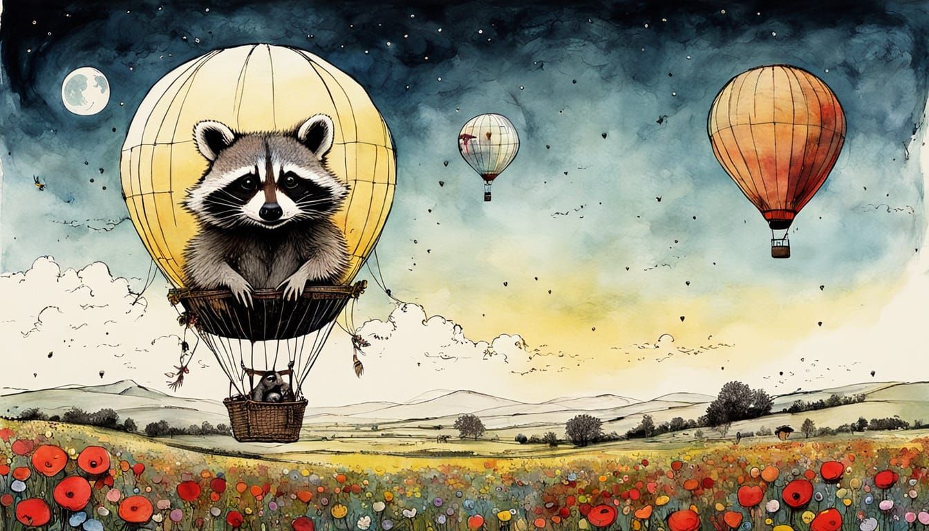 Raccoon in Hot Air Balloon Over Moon, Minimalist Surrealism