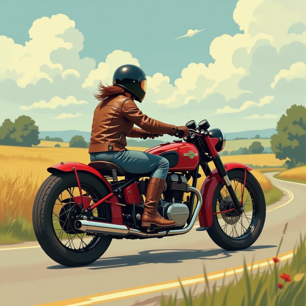 Vintage Motorbike on Country Road in Retro-Futuristic Style