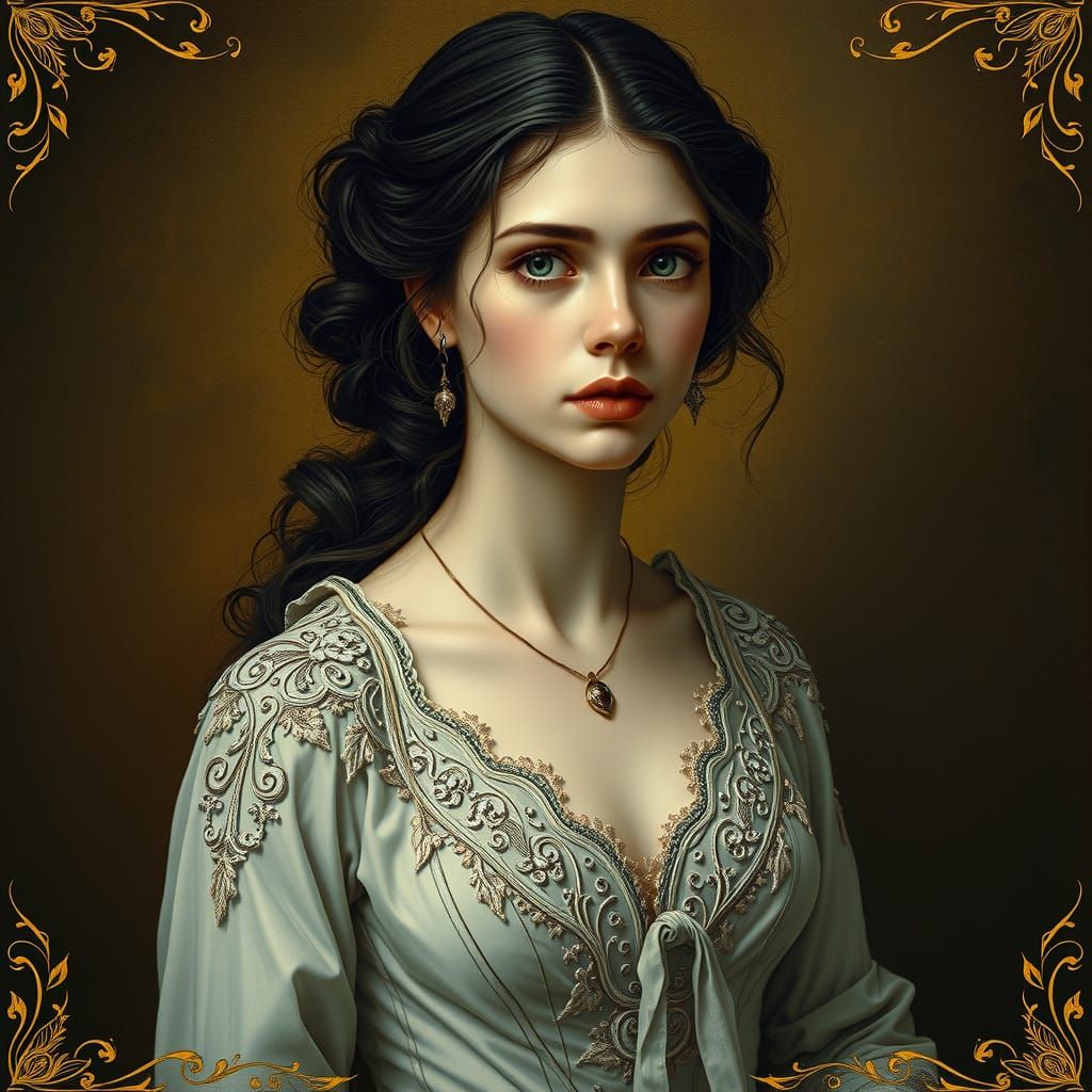 Mysterious Victorian-Era Portrait in Golden Accents and Jewe...