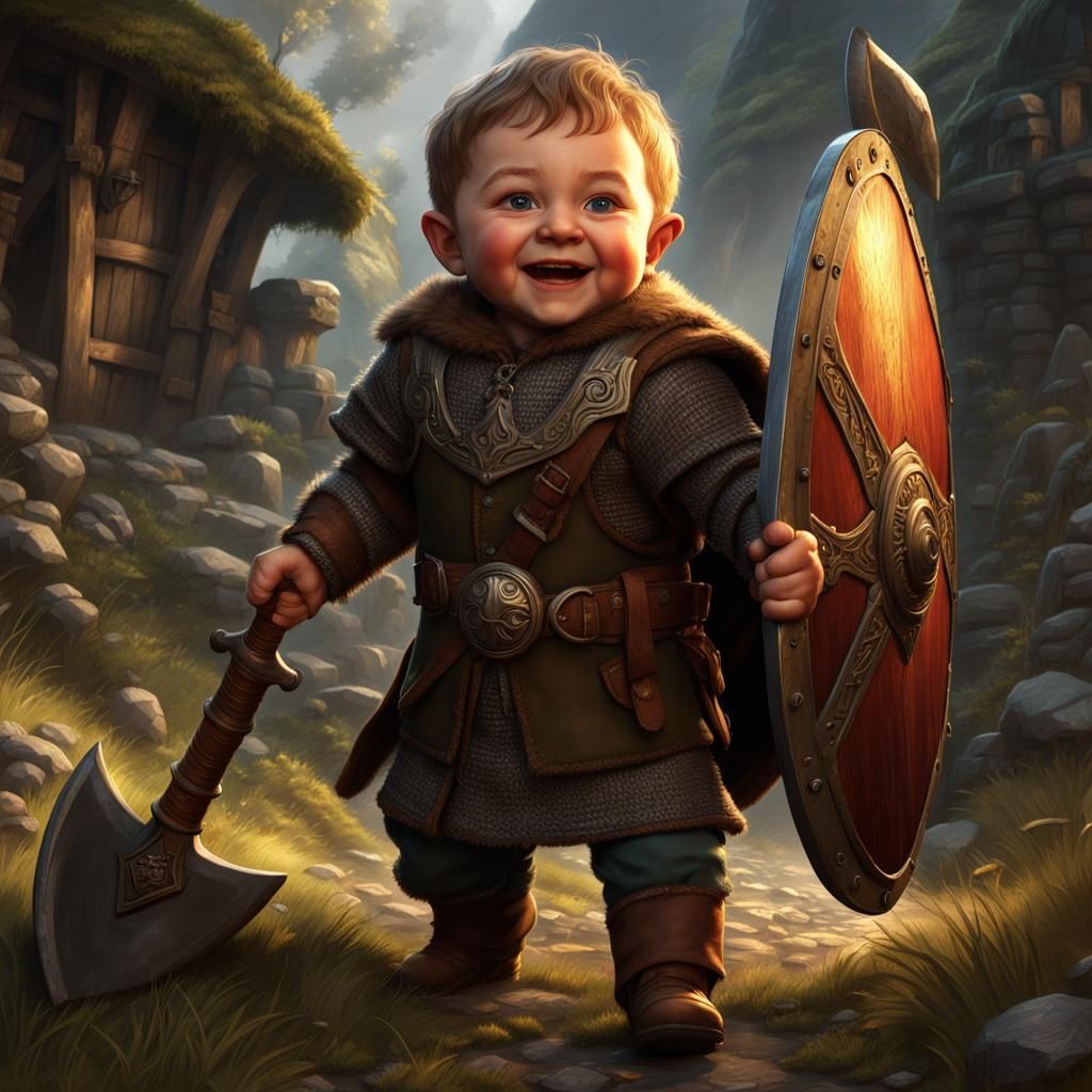 Lord of the Rings Dwarf Youth with Shield and Axe, Dark Fant...