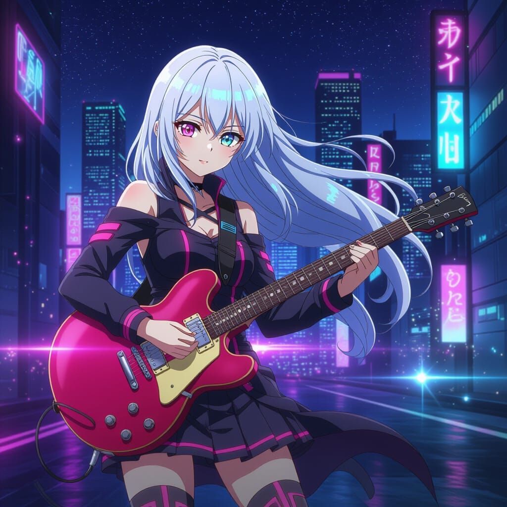 Anime Girl Plays Guitar in Futuristic City