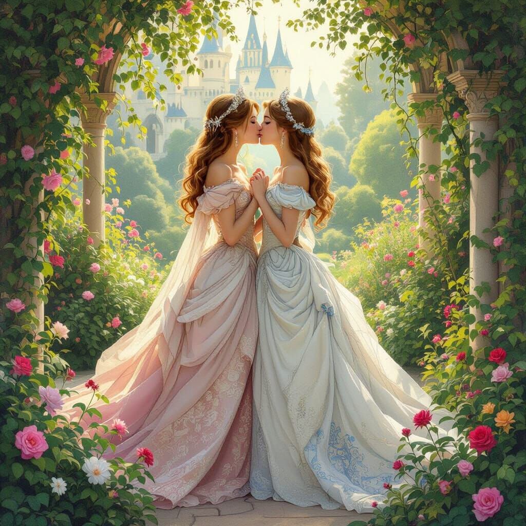 Princesses' Kiss in Fairytale Garden: Art Nouveau Style