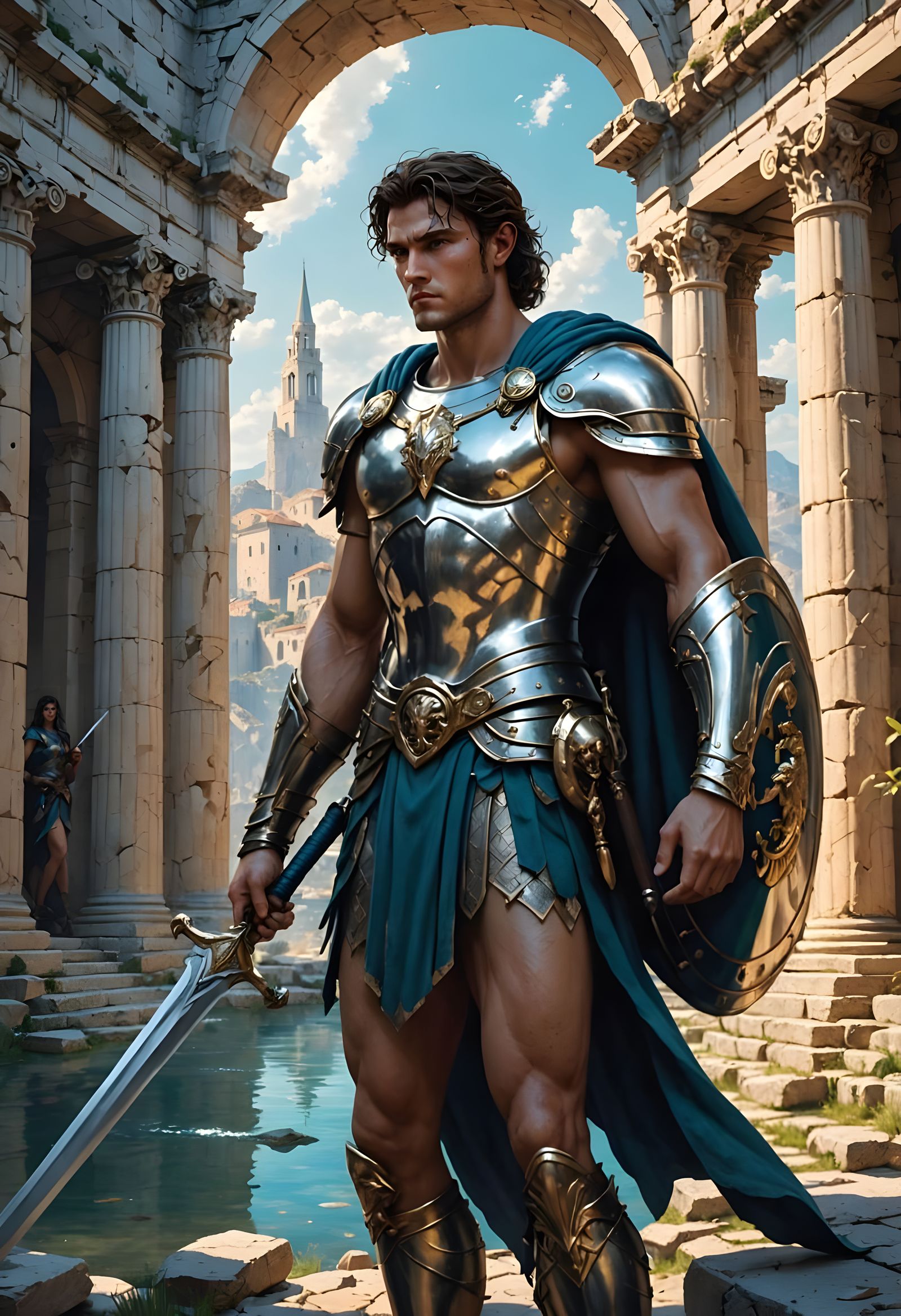 Hyperrealistic Perseus in Ancient Ruins with Medusa's Reflec...