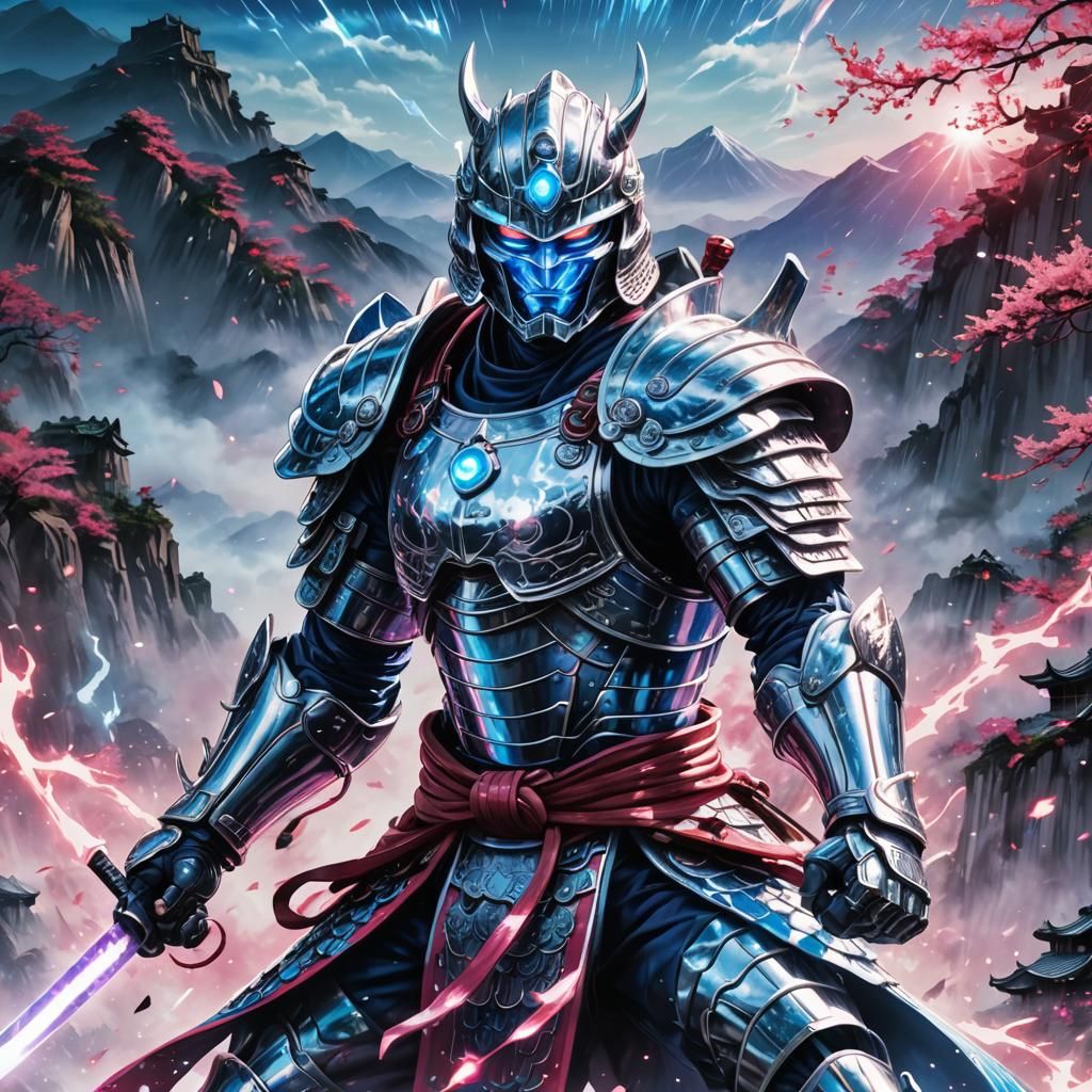 Vibrant Samurai in Fierce Blue Energy Phenomenon