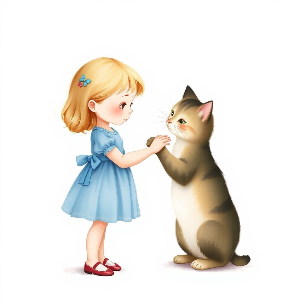 Girl and Cat Painting in Storybook Illustration Style