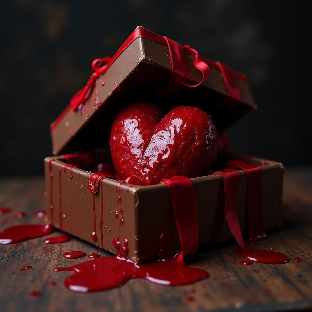 Bleeding Chocolate Box With Human Heart, Cinematic Horror
