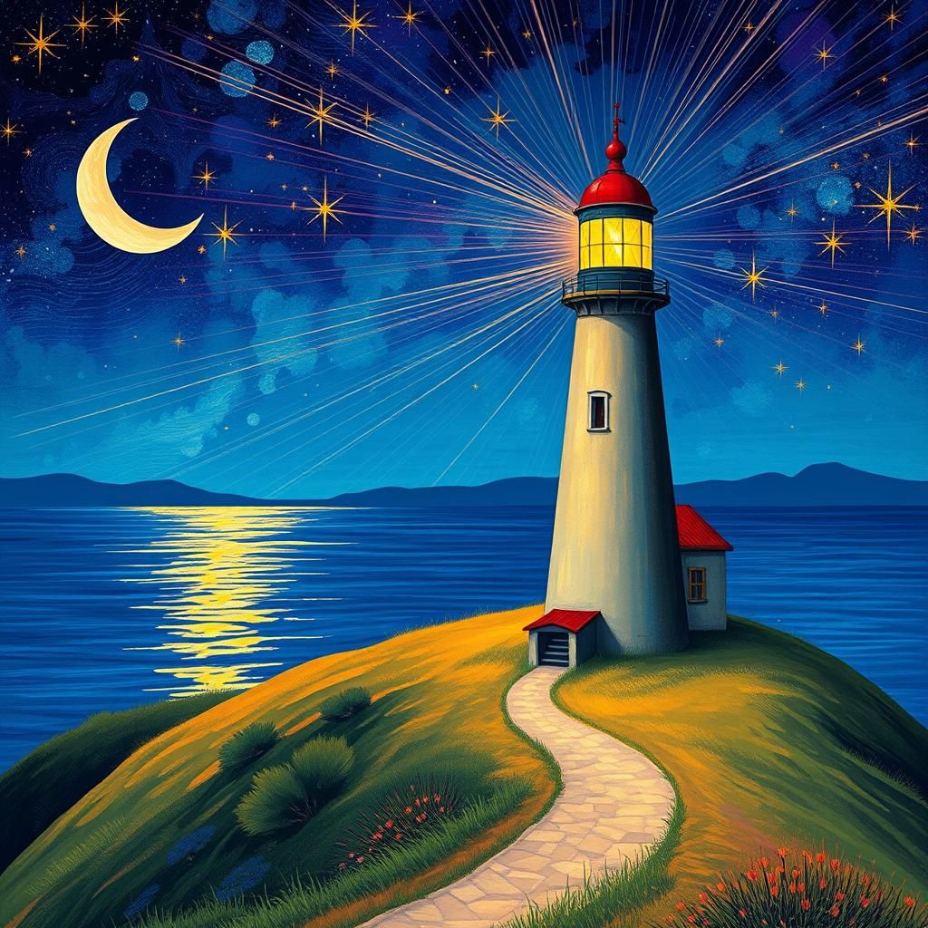 Surreal Fauvist Lighthouse by Starry Night with Luminous Moo...