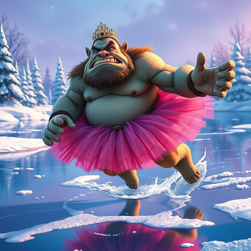 Ogre's Whimsical Winter Waltz in Vibrant Pink Tutu