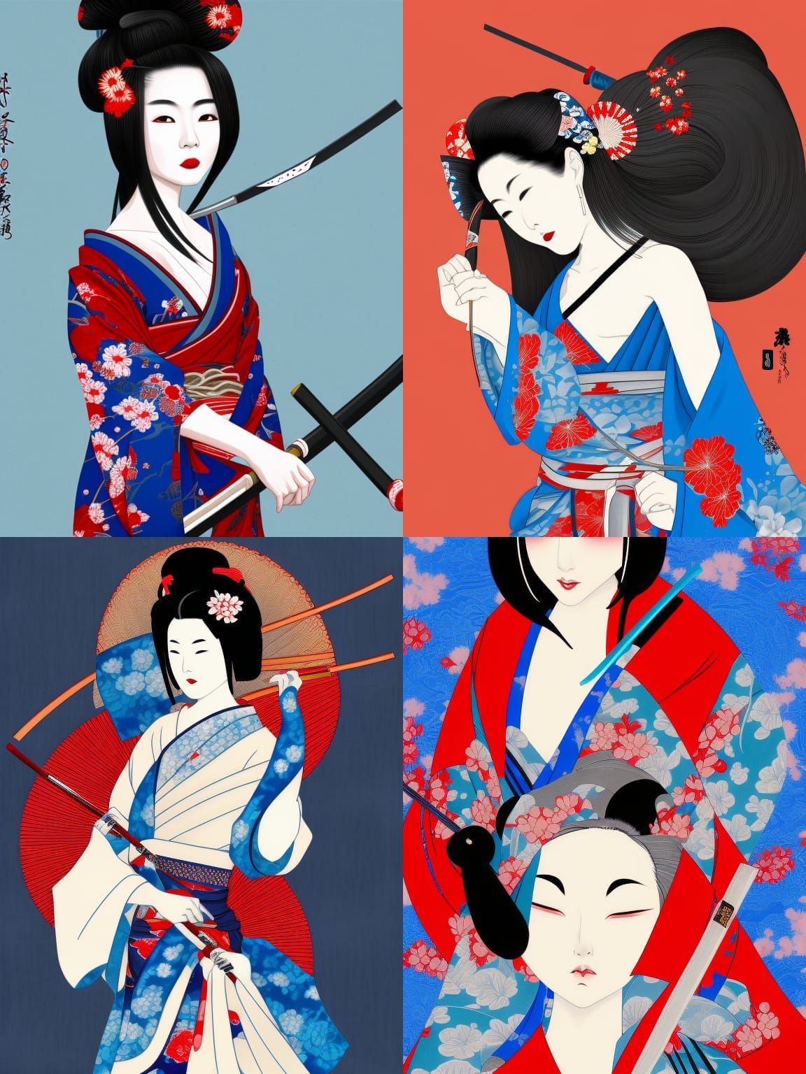 Surreal Geisha in Vibrant Kimono with Katana and Body Art in...