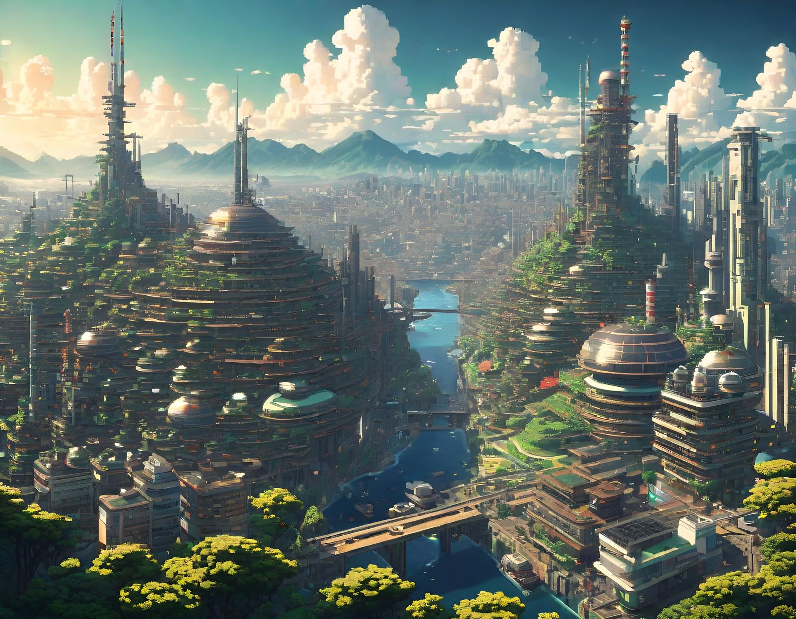 Pixelated Futuristic Cityscape Showcases Sustainable Utopia