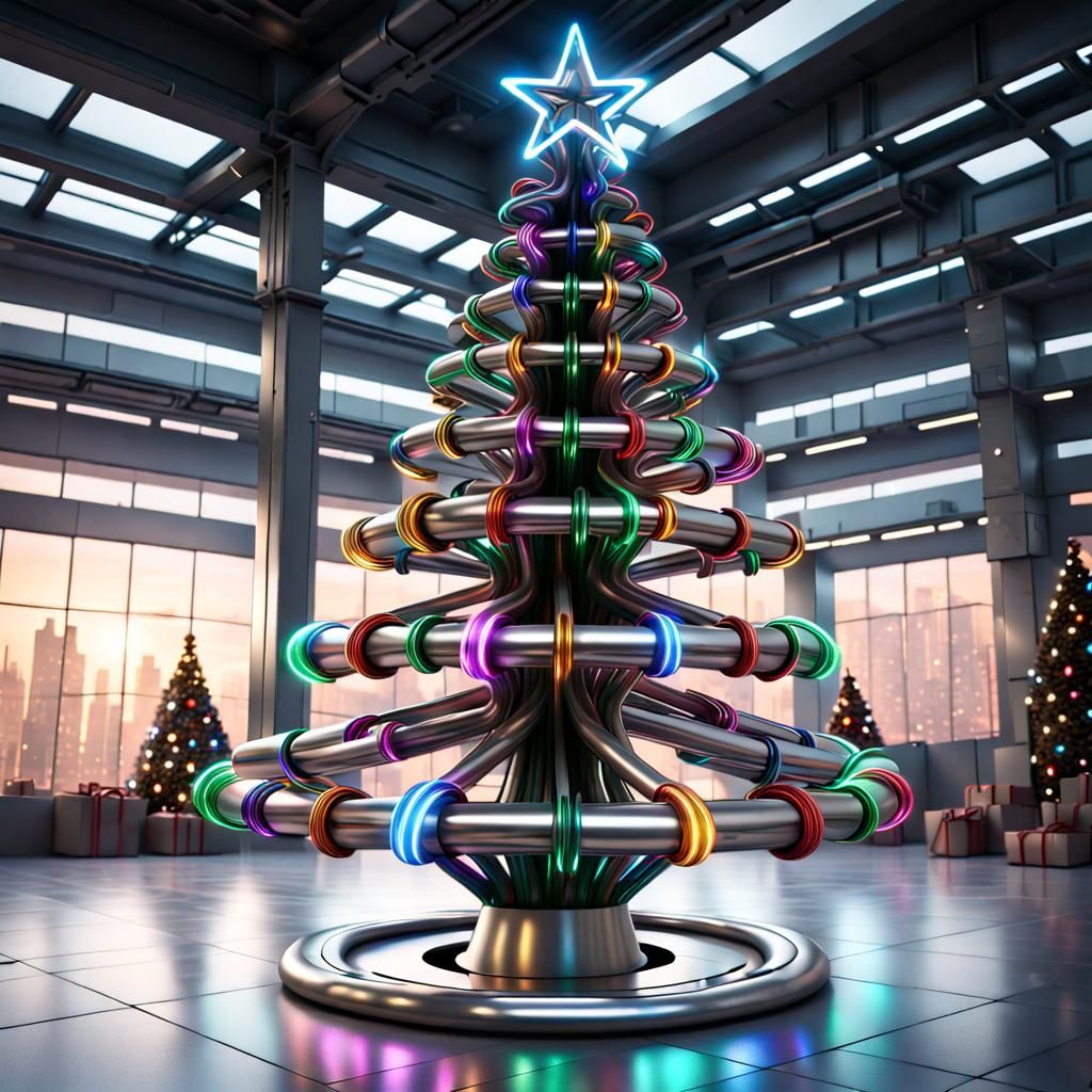 Cyberpunk Christmas Tree of Twisted Steel with Glorious Star