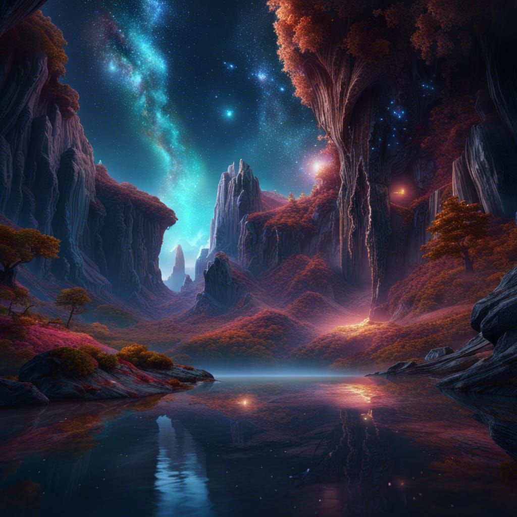 Surreal Cosmic Landscape with Galaxy Waterfalls
