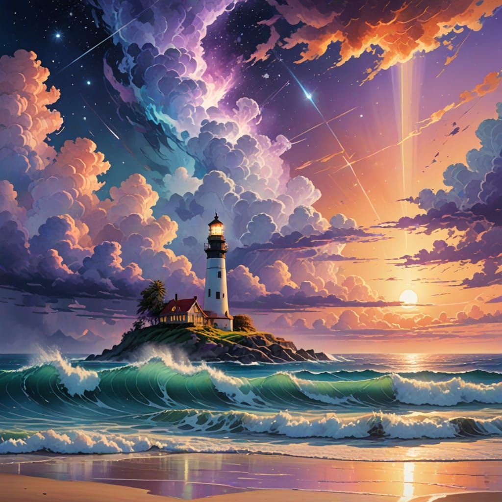 Ethereal Cosmic Lighthouse Transformed into a Shimmering Gal...