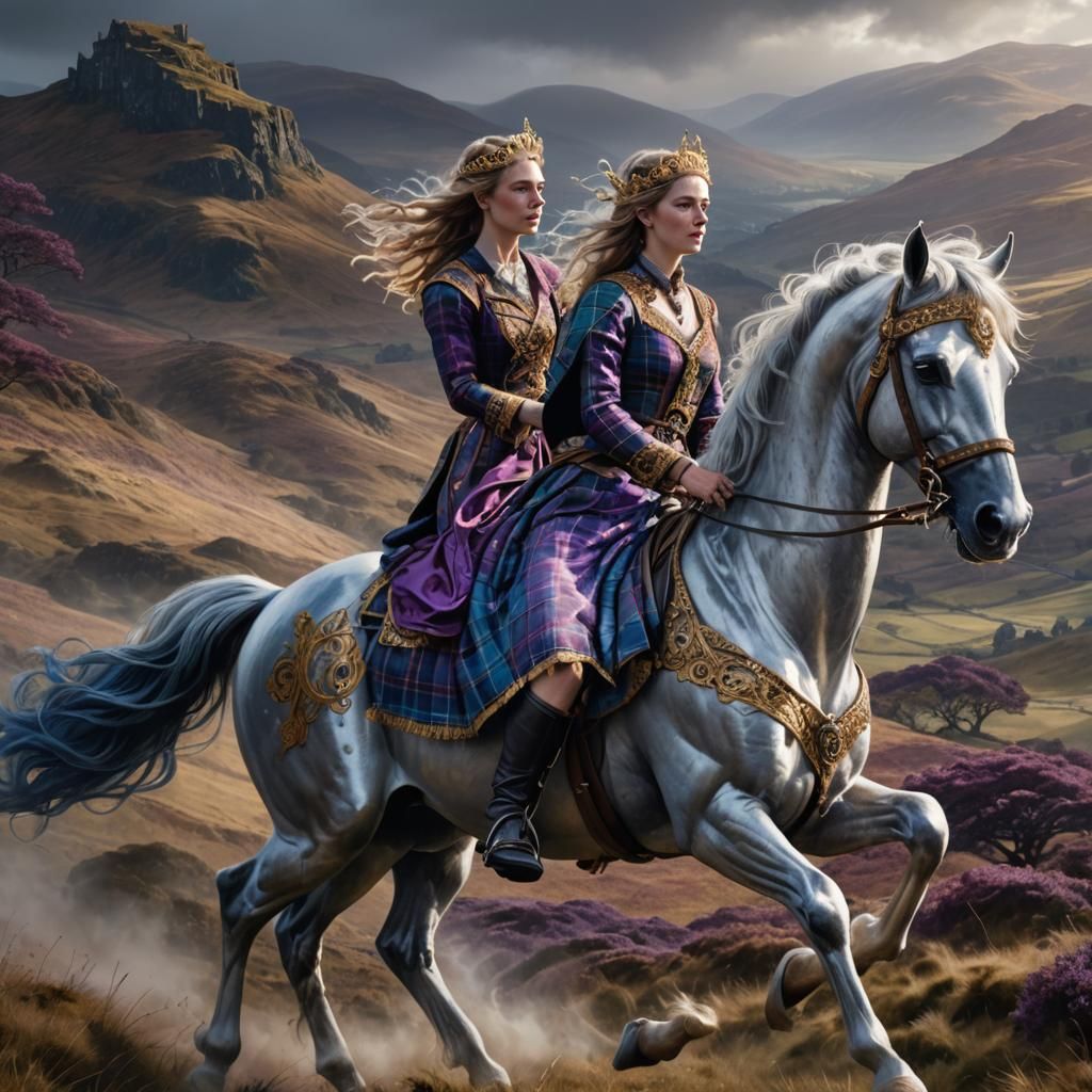 Elegant Scottish Lady Rides Silver Steed Through Misty Highl...