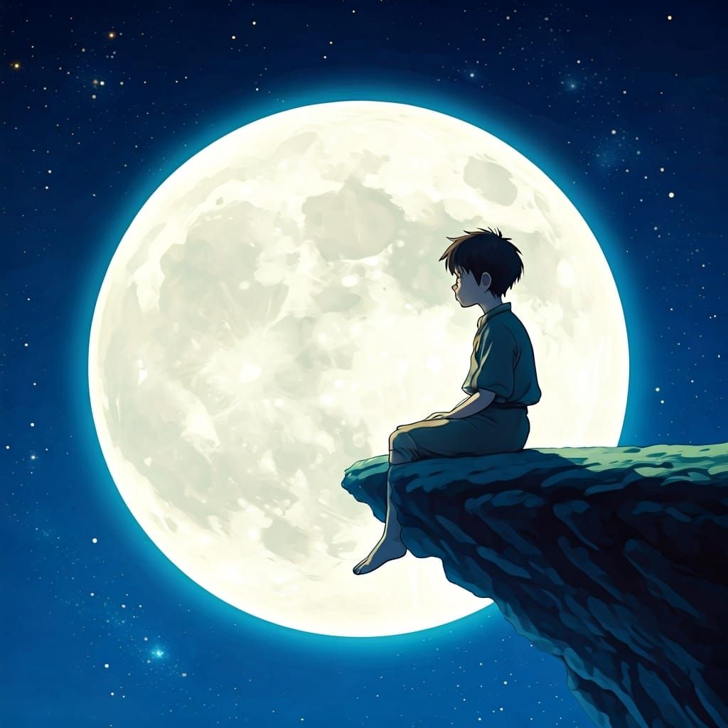 Boy on Cliff Under Moonlight: Manga Watercolor