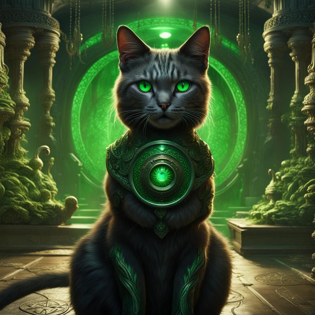 Fantastical Young Girl Stares into Eyes of a Cat in Deep, Dr...