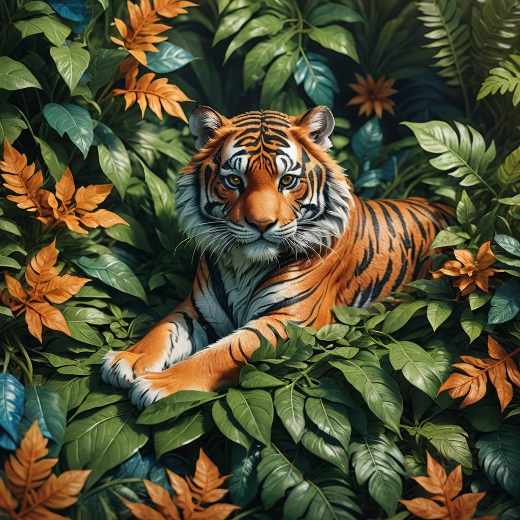 Exquisite Fantasy Tiger on a Leaf in Warm Sunlight