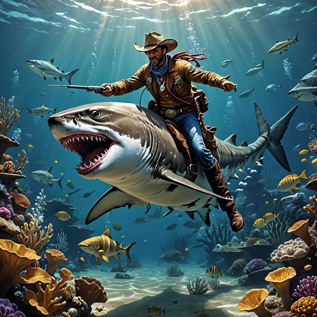 Underwater Cowboy Shark Wrangler: AI Interpretation