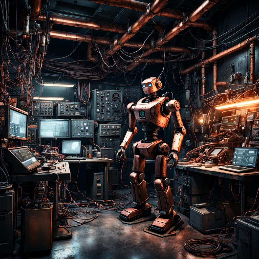 Robot Exposed in Gritty Robotics Lab Scene