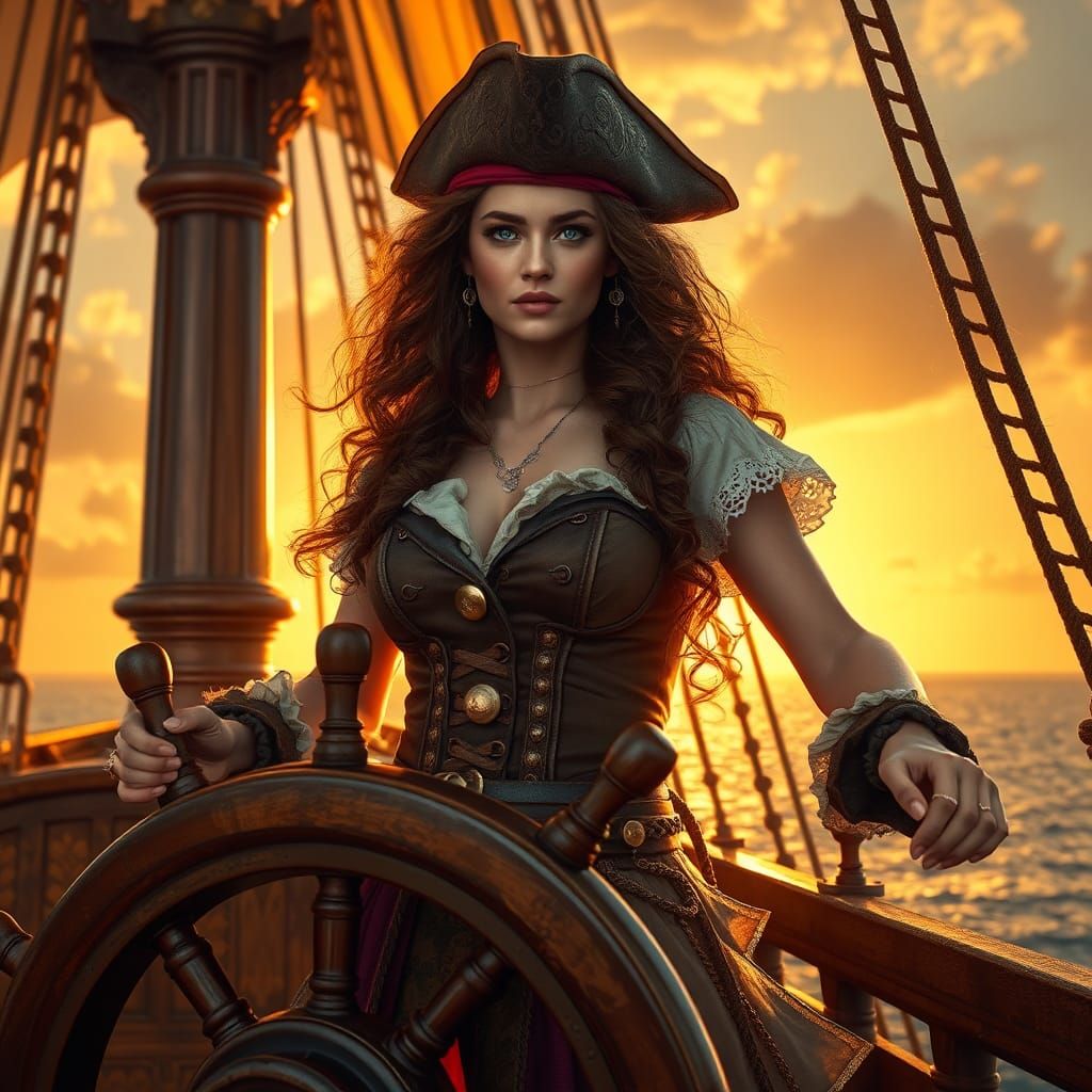 Fearless Pirate Queen at Sunset on the High Seas