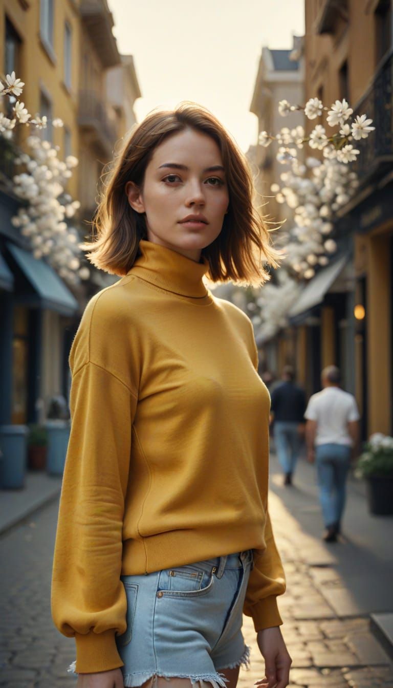 Young Woman in Mustard Top on Sunny Street
