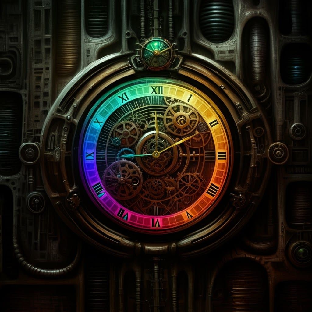 Ethereal Steampunk Clock in Giger's Dark Futuristic Realm