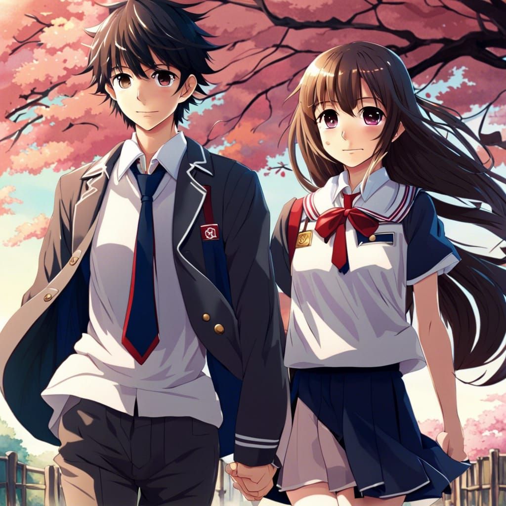Anime Boys and Girls Walking to School in Japanese School Un...