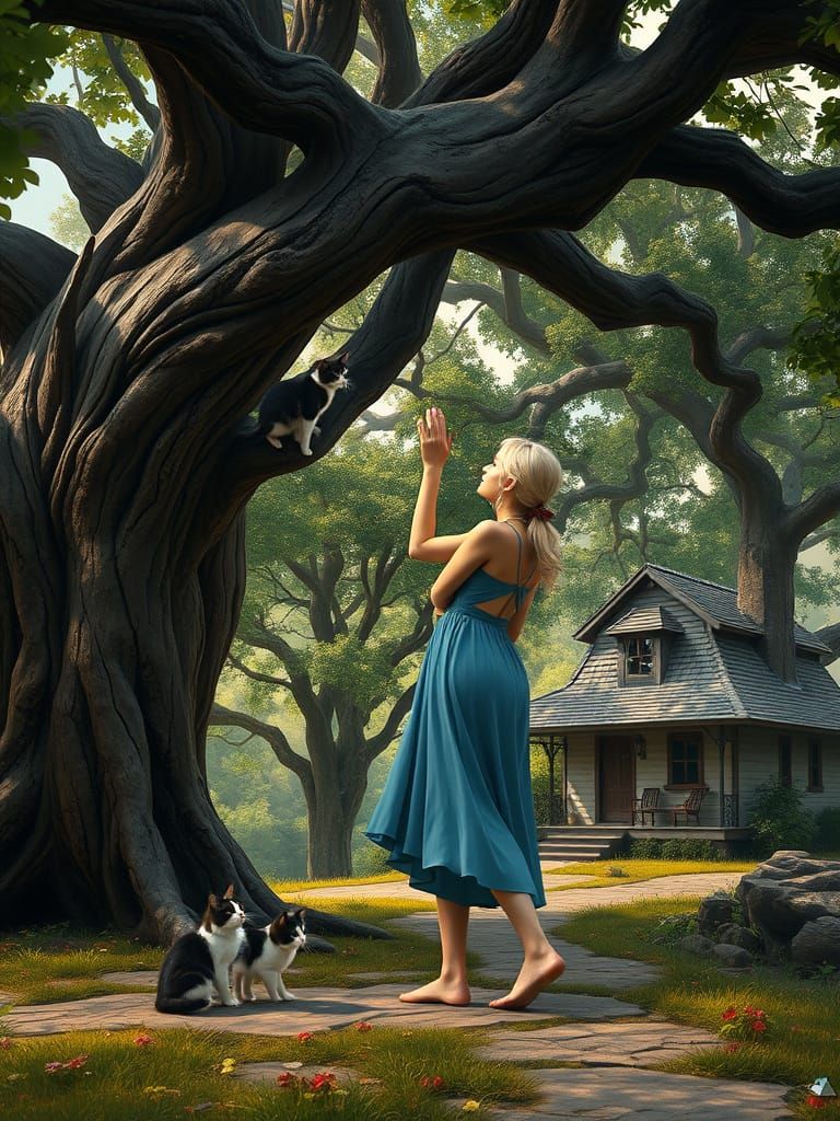 Serene Woman in Blue Under Ancient Tree