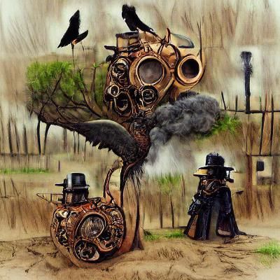 Steampunk Plague Doctor Amidst Toxic Wasteland