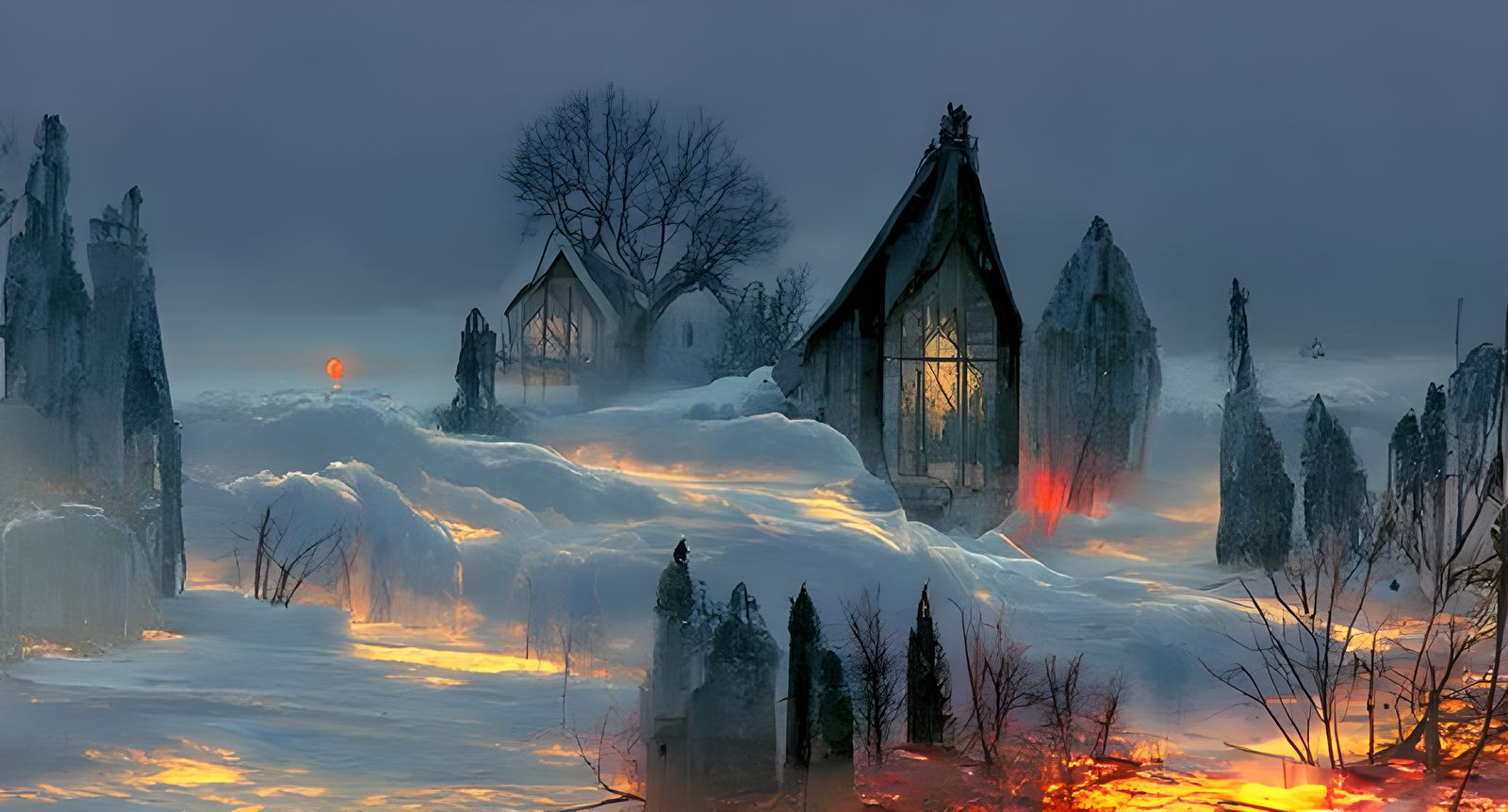 Ethereal Winter Cottage Amidst a Snowy Dawn