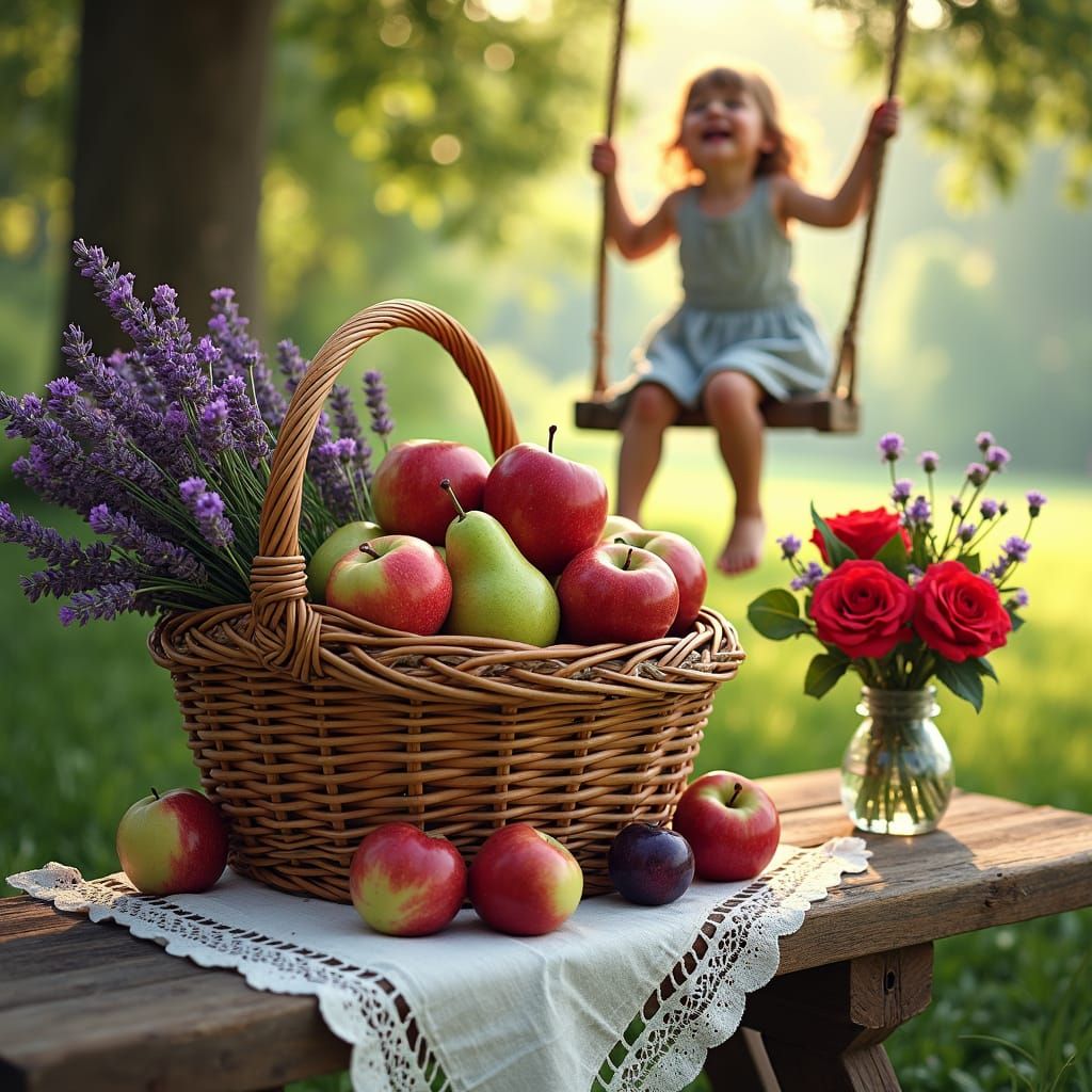 Vintage Still Life in Impressionist Style with Wicker Basket...