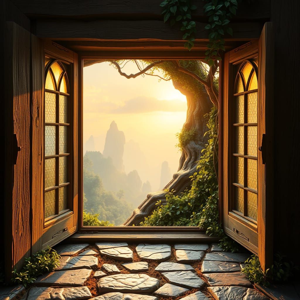 Weathered Wooden Window to a Dreamlike Landscape